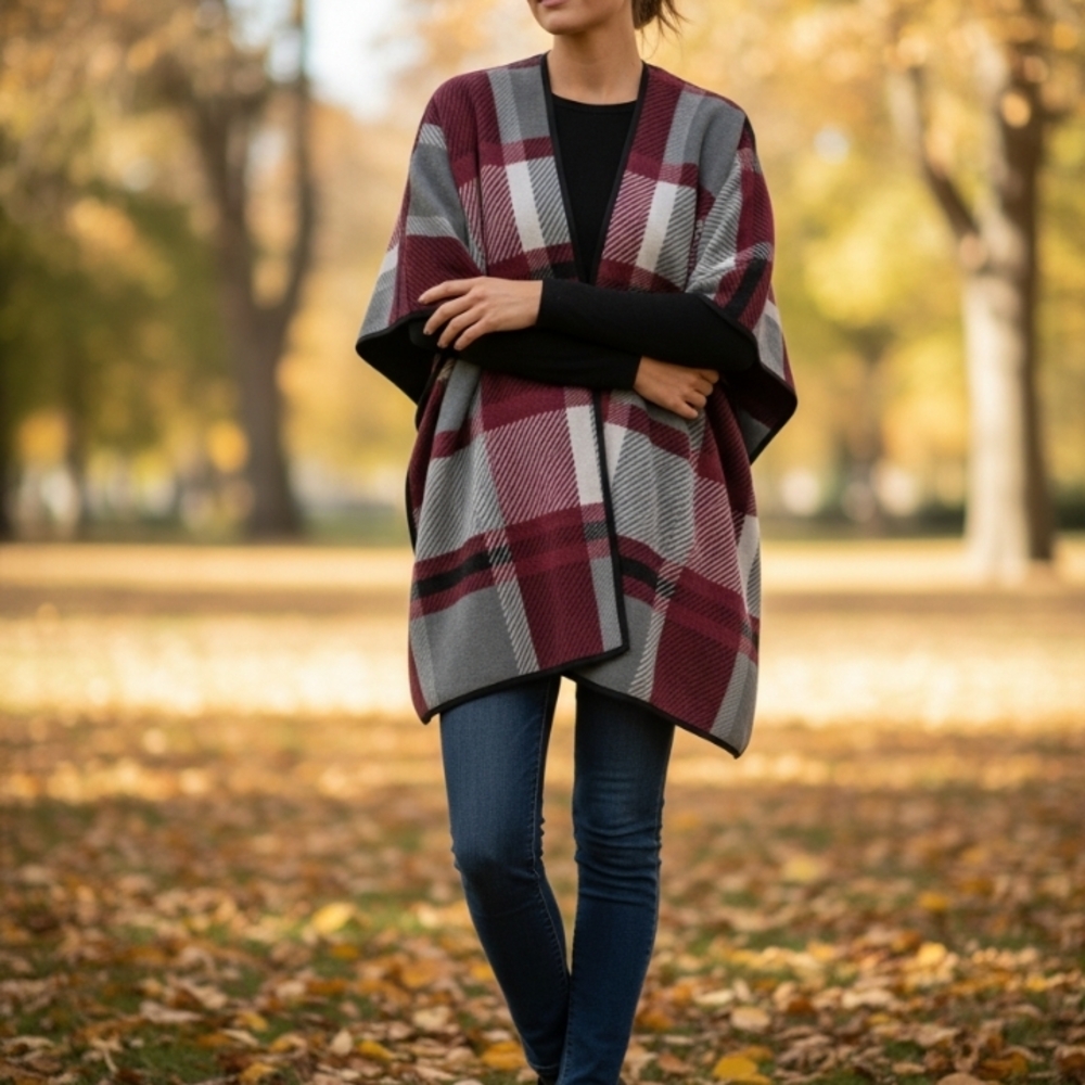 Plaid Women's Sweater W/ Stylish Side Hinges - Burgundy and Gray
